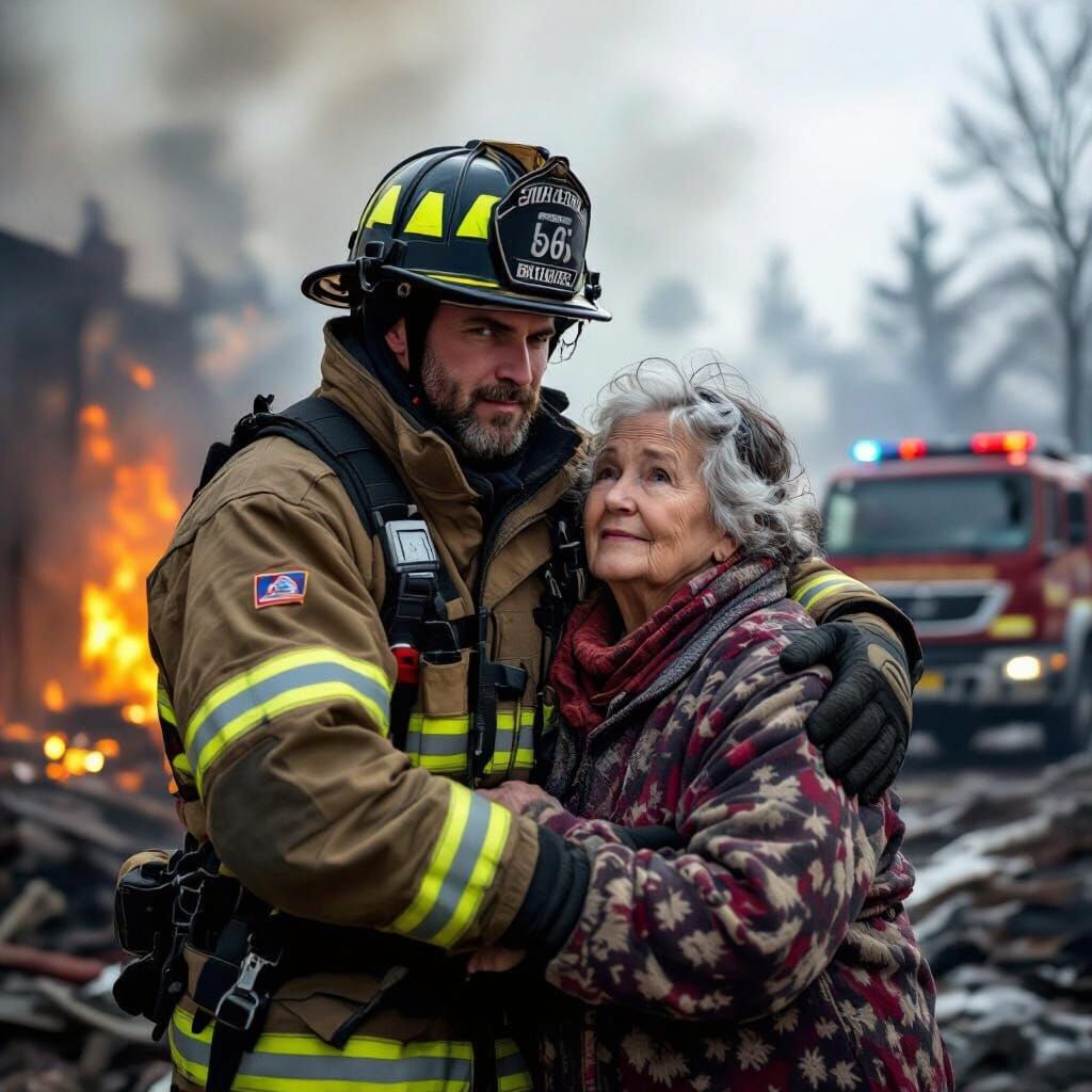 Firefighter Rescuing Elderly Woman from Burning Building