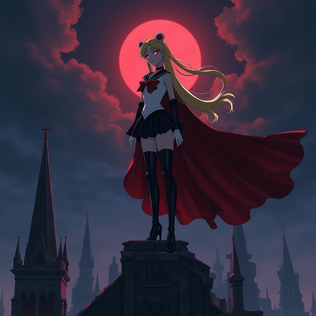 Vampire Sailor Moon Reigns Over a Gothic Cathedral