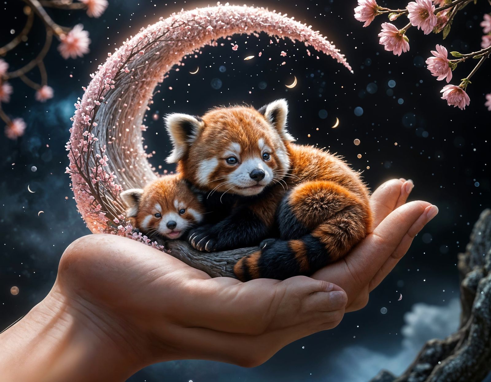 Surreal Red Panda Cubs in a Glowing Crescent Moon Scene