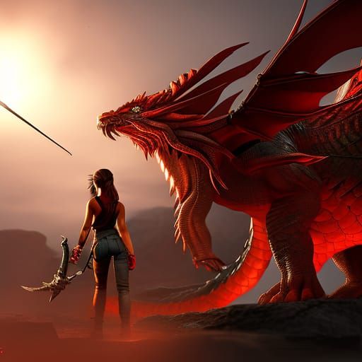 Lara Croft and Red Dragon, Hyperdetailed 3D Art