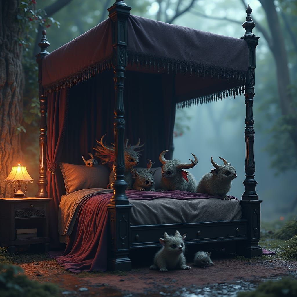 Gothic Fantasy Four Poster Bed with Whimsical Monster Friend...