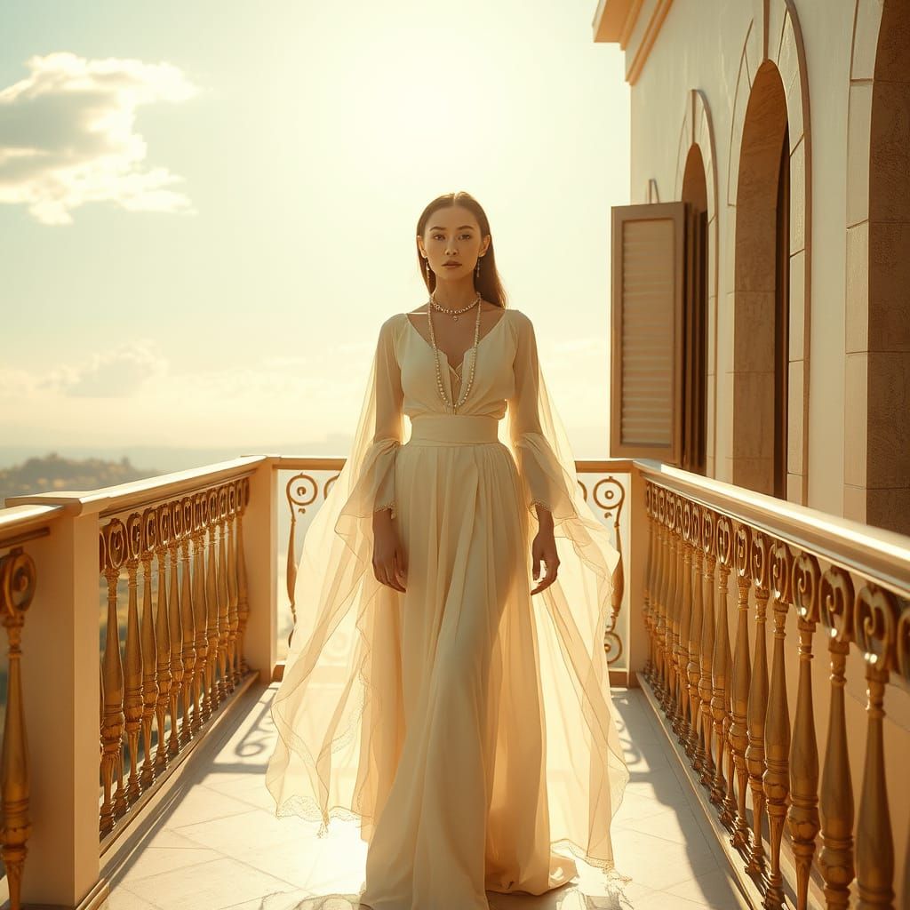 Sun-Drenched Balcony Scene with Serene Woman