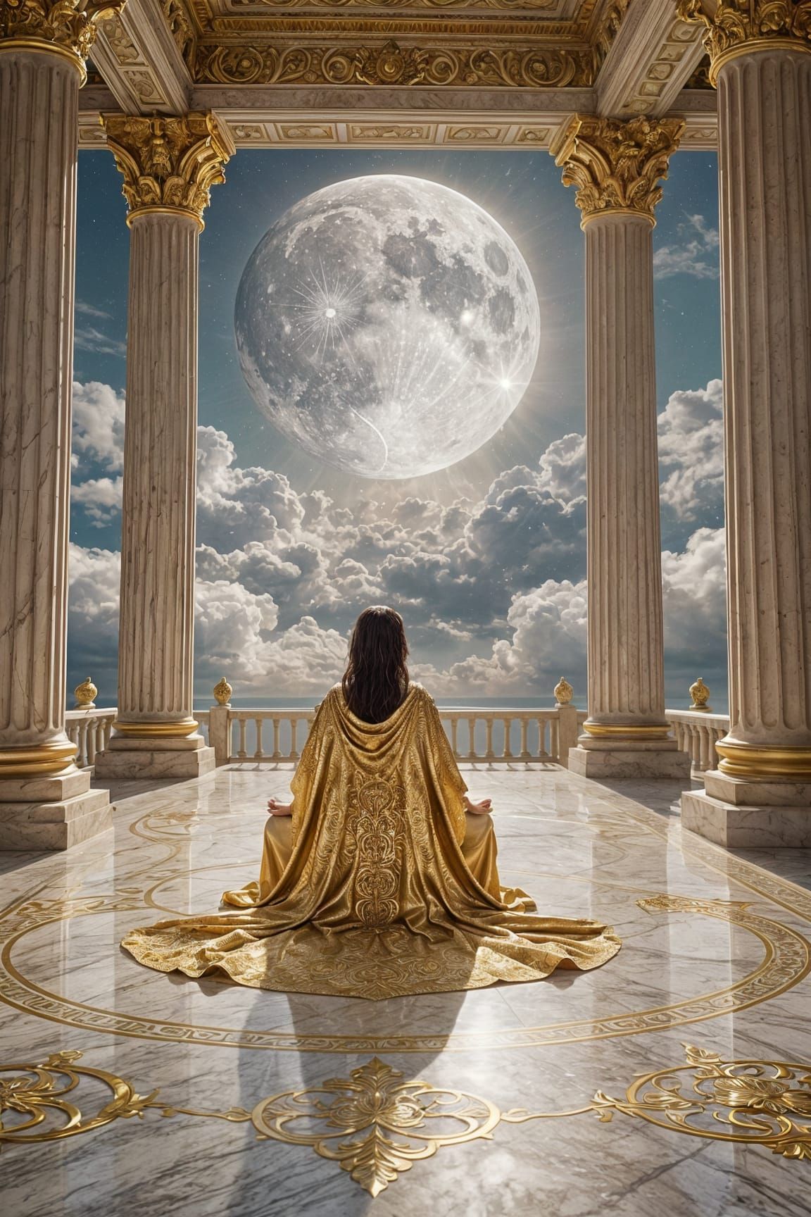 Figure Meditating on Celestial Balcony with Cosmic Moon