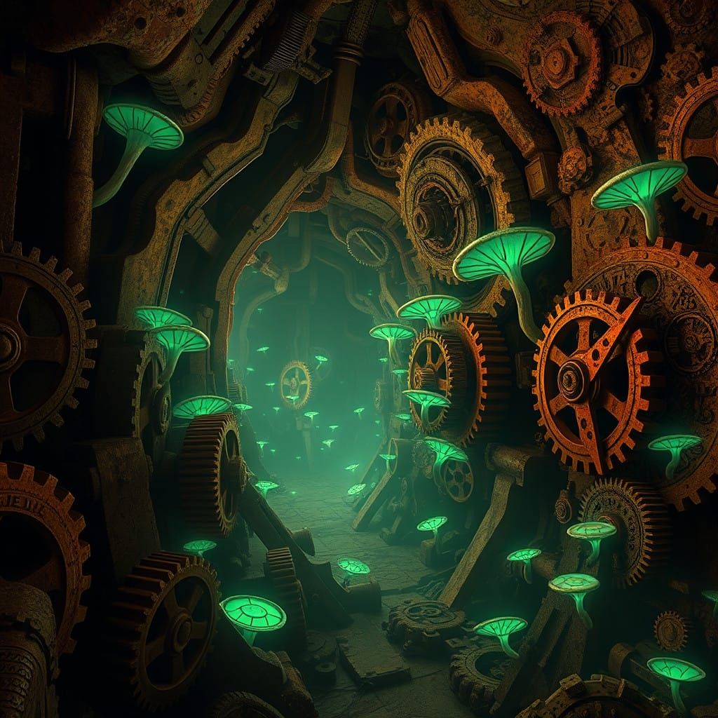 A labyrinth of rusted iron gears grind against each other, b...
