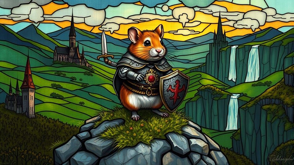 Hamster Knight in Vibrant Fantasy Landscape