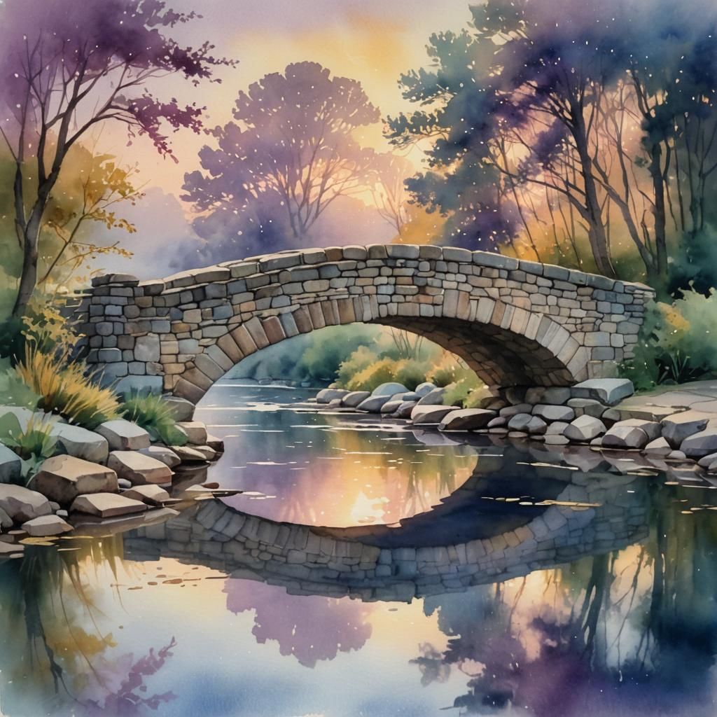 Stone Bridge Over River in Impressionist Watercolor