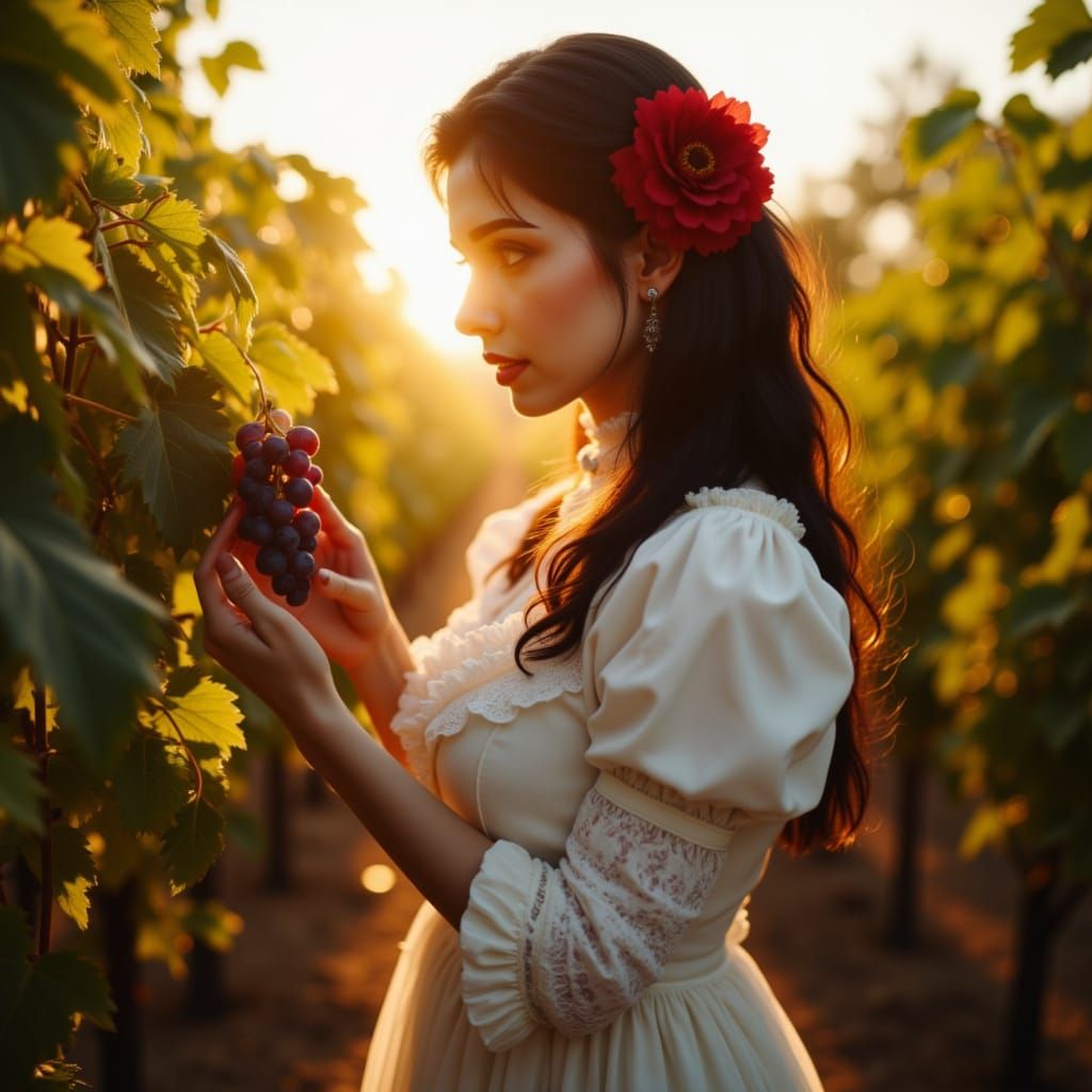Victorian Woman in Sunlit Vineyard with Purple Grapes