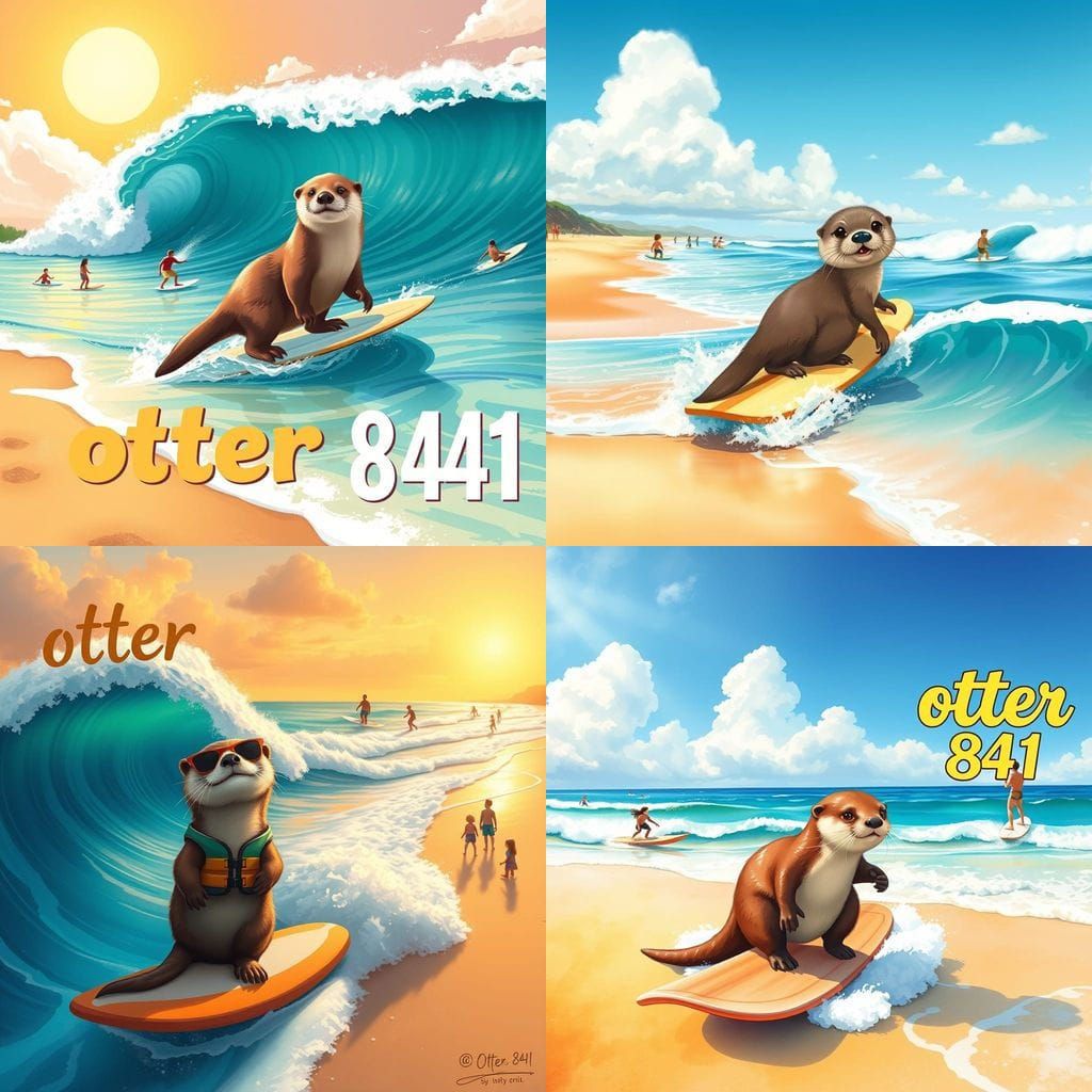 Surreal Beach Scene with Otter Surfer and Friends