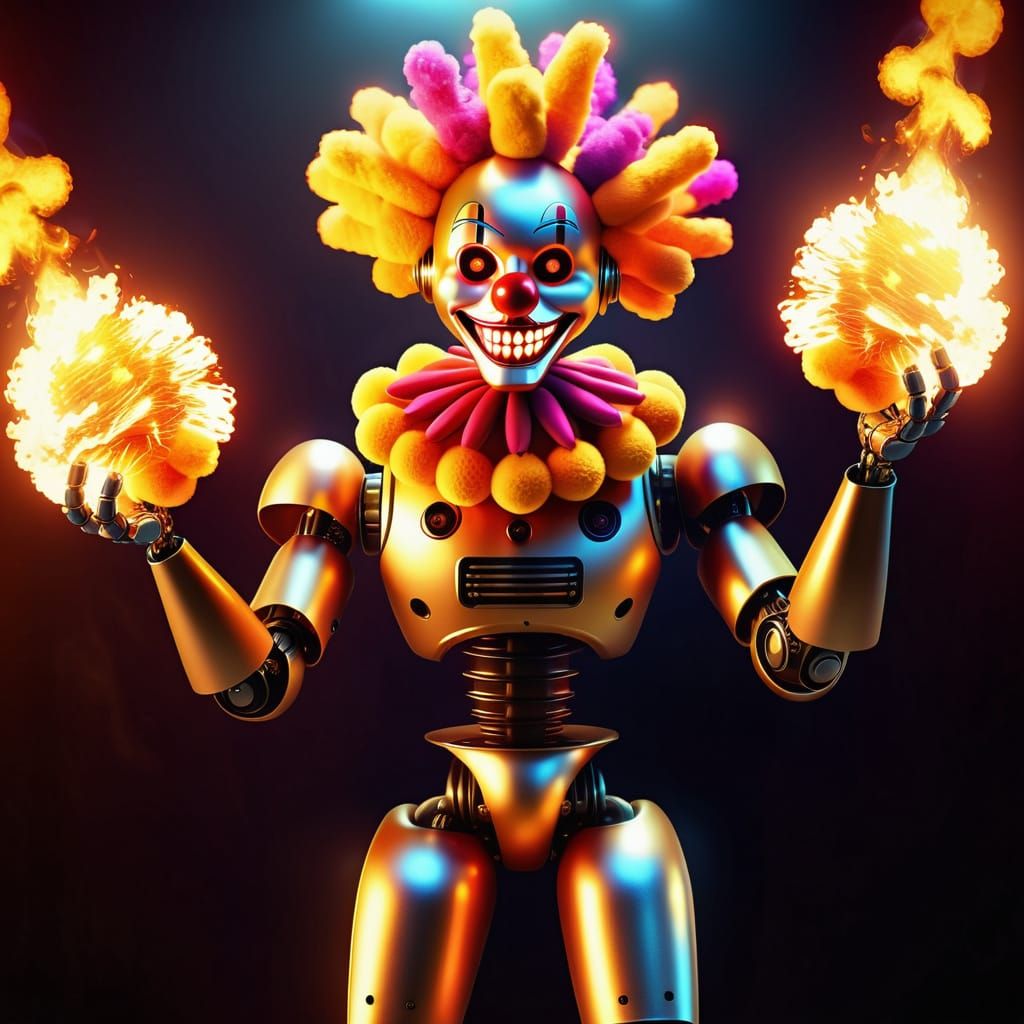 Robot Clown Juggling Flaming Pom Poms in Digital Art