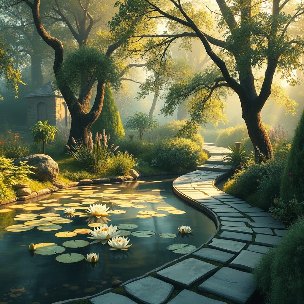 Serene Garden Scene in Monet's Soft Brushstroke Style