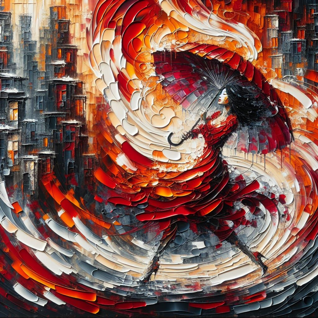 Woman with Red Umbrella in Impasto Cityscape