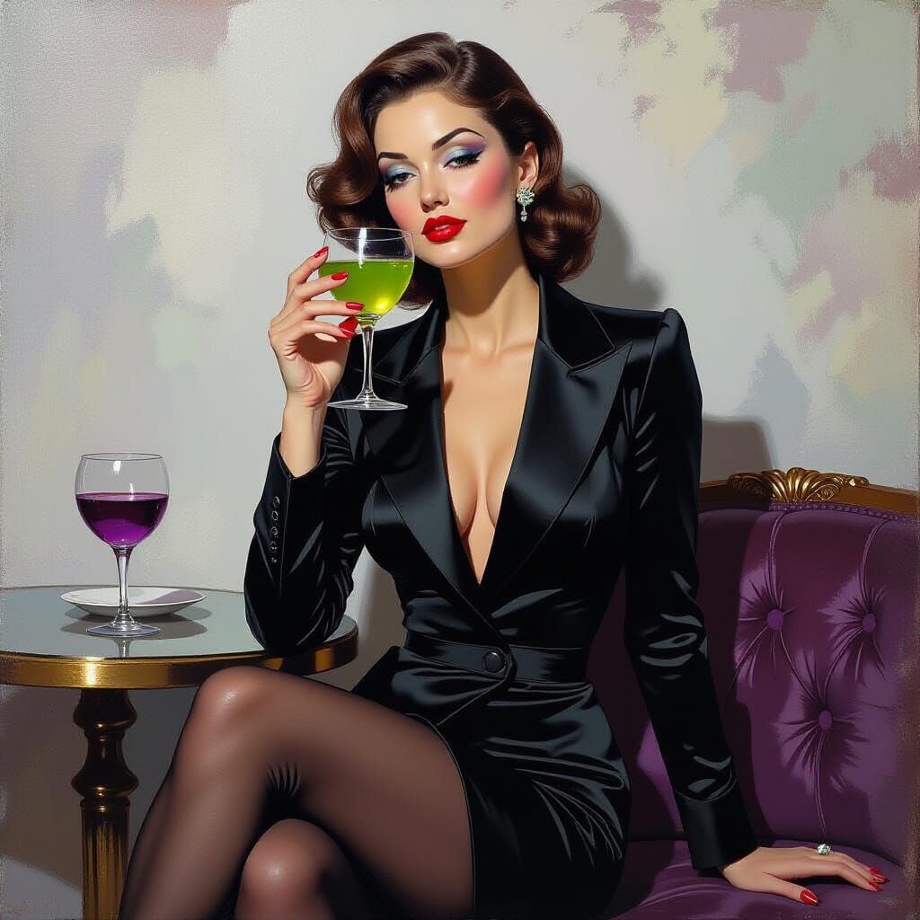 Glamorous Woman Sipping Cocktail in Oil Impasto Style