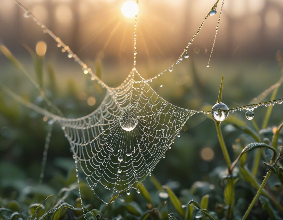 Dewdrop on Spiderweb Reflecting Sunrise Macro Photo