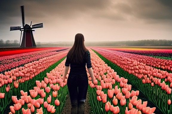 Tulip Field with Windmill and Hounds in Hyperrealism