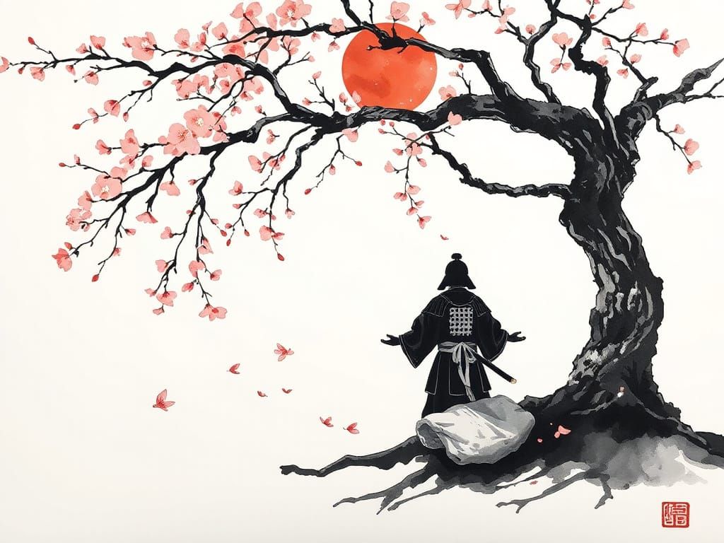 Samurai Meditation: Sumi-e Ink Painting of Spring