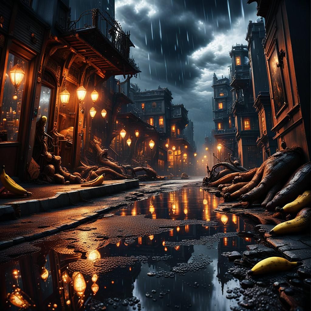 Lonely Banana in Rain-Soaked Cyberpunk Cityscape