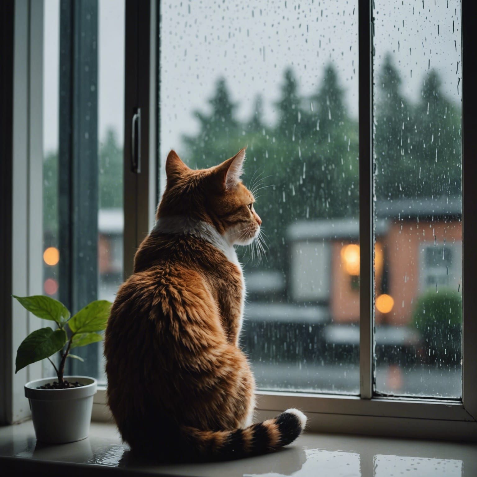 Cat Contemplates Rainy Day From Window Sill