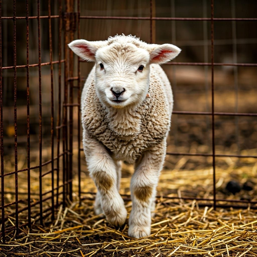 Anxious Lamb in Cage Animal Portrait