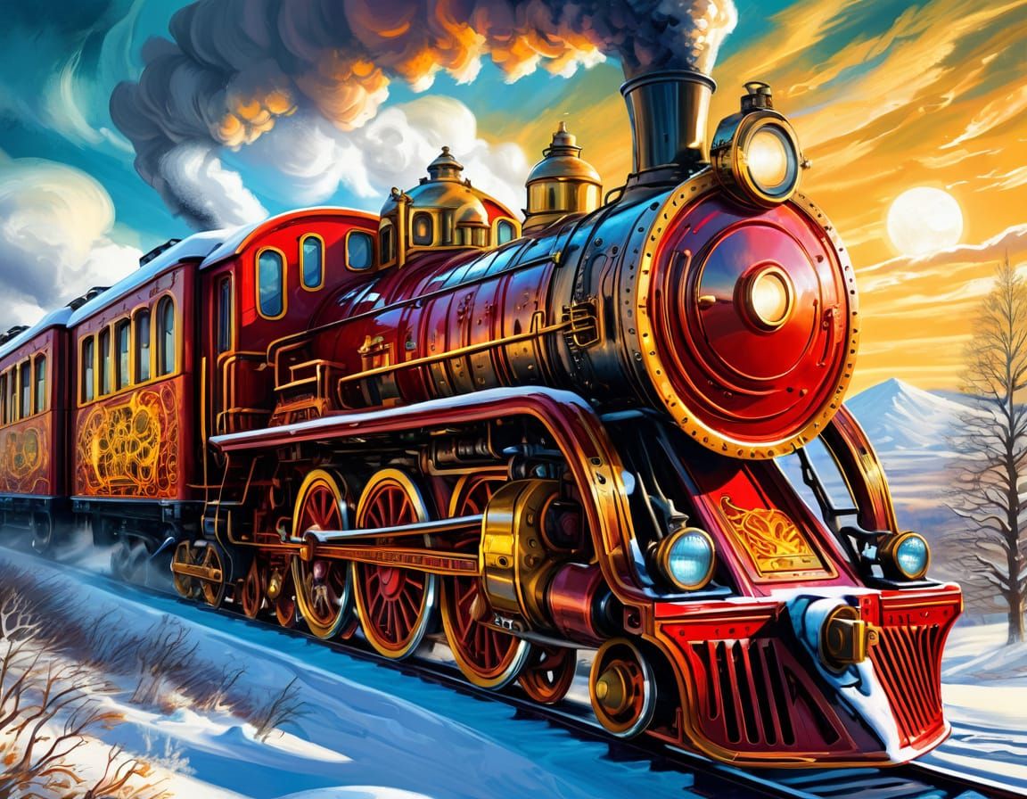 Steampunk Train in Red Dress Through Snowy Landscape