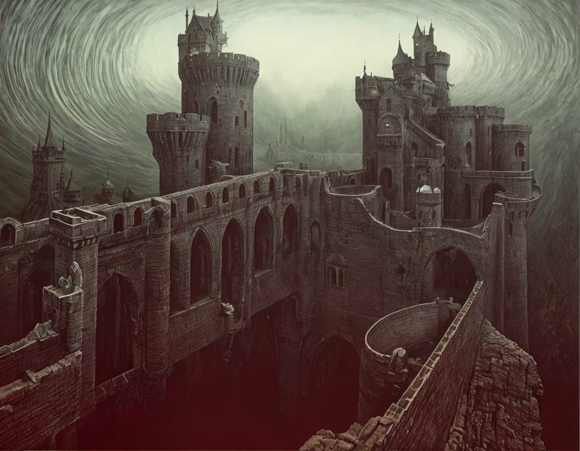Surreal Castle with Drawbridges in Dreamlike Landscape