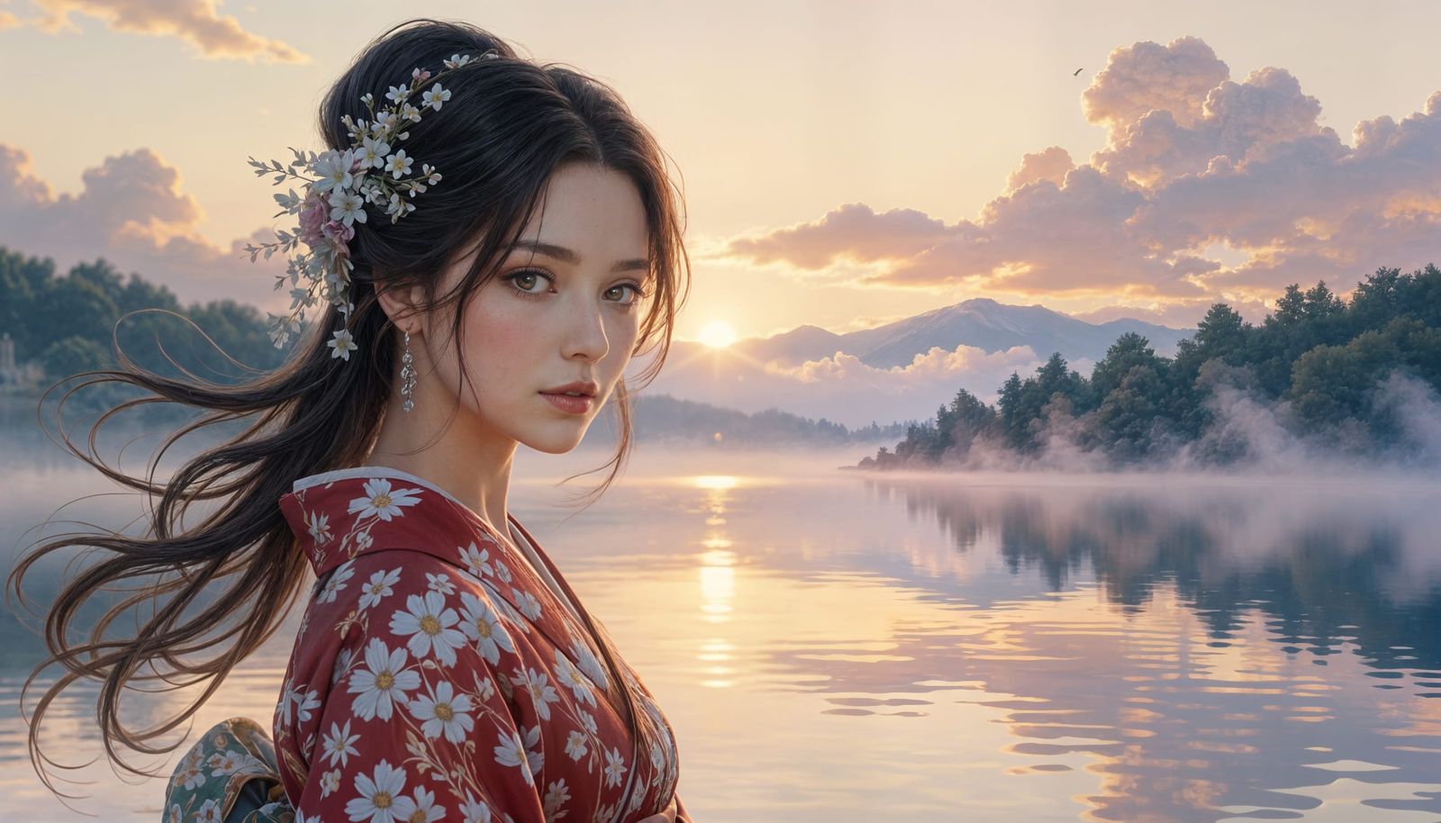 Ethereal Portrait of a Woman by a Lake at Dawn