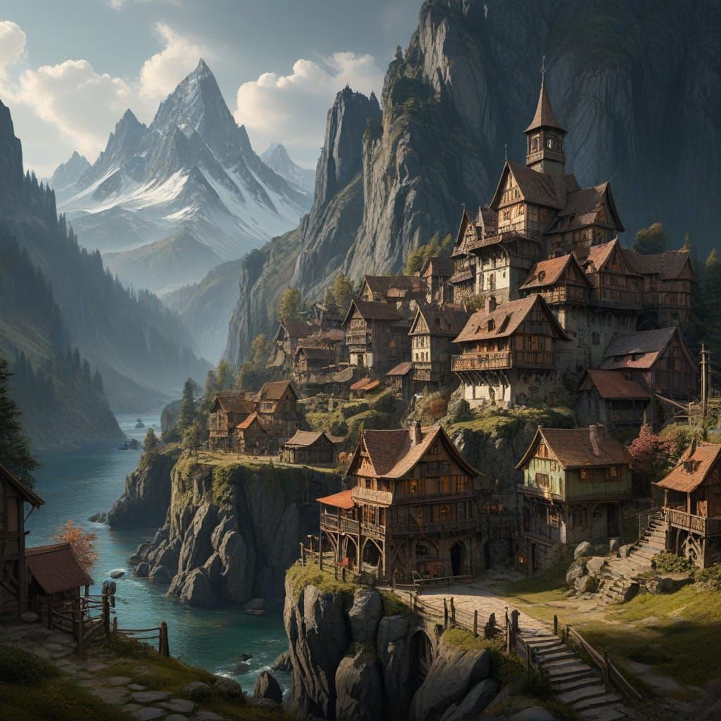Surreal Fantasy Village Amidst Dramatic Mountainscape