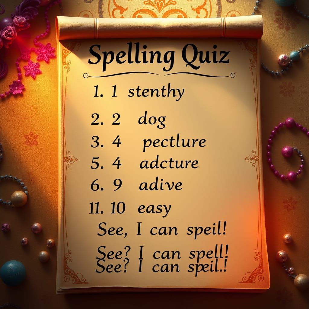 Spelling Quiz on a Lined Paper with Fantastical Details