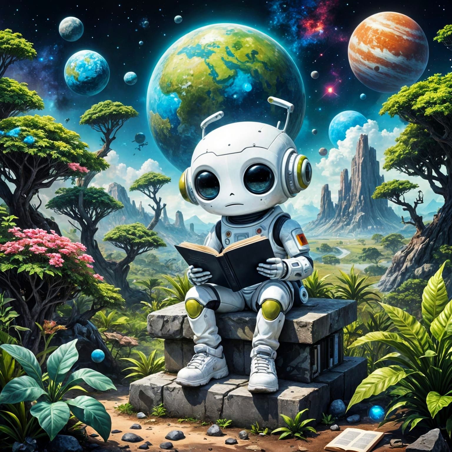 Cute Android Reads Book on Alien Planet