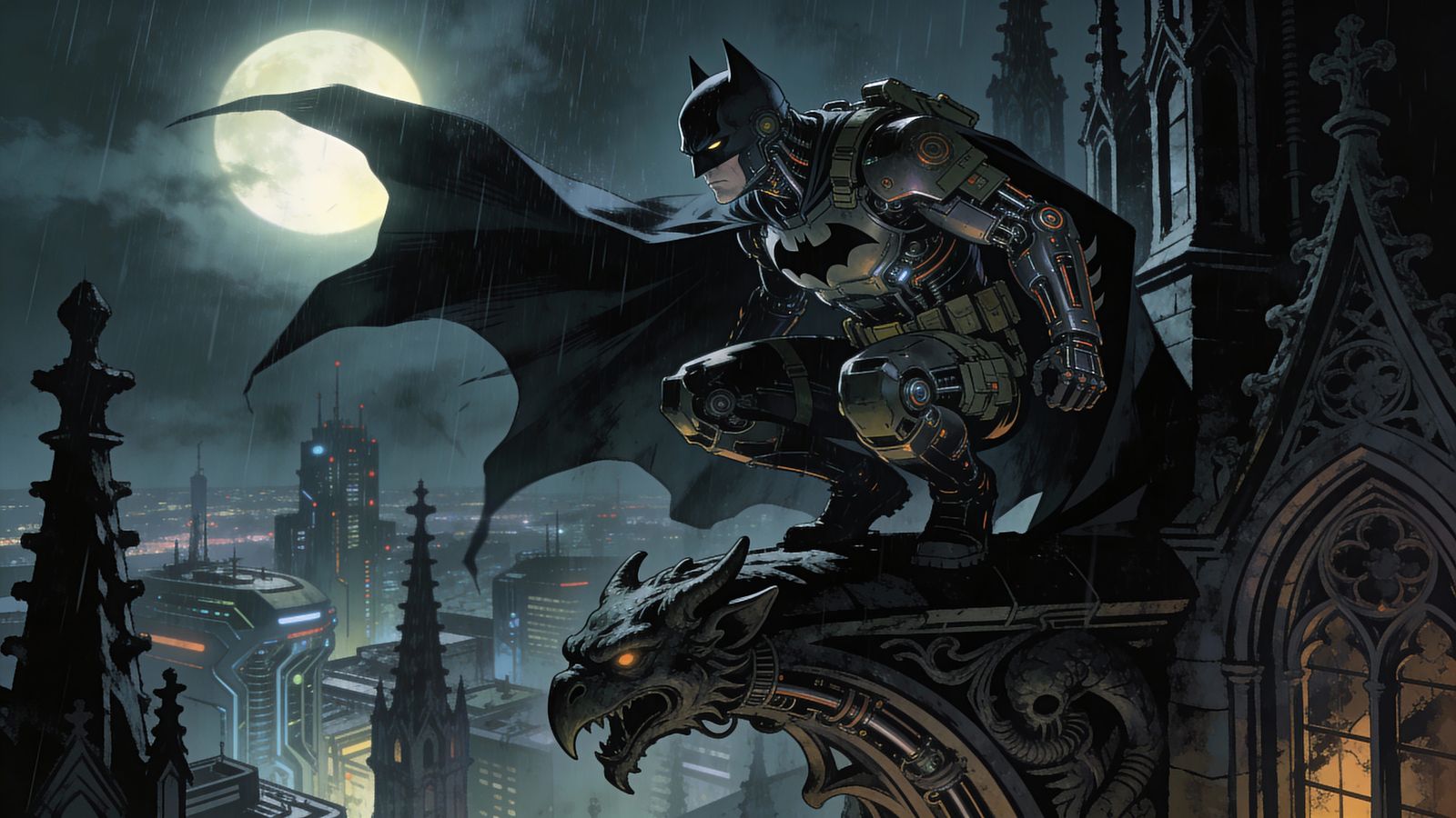 Sci-Fi Techno Knight Batman on Neo-Gothic Cathedral