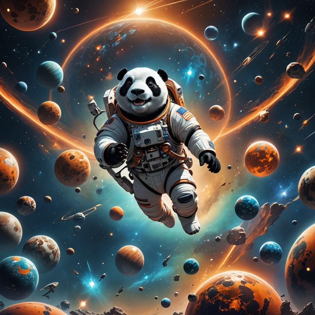 Astronaut Panda Soaring Through Space: Fantasy Art