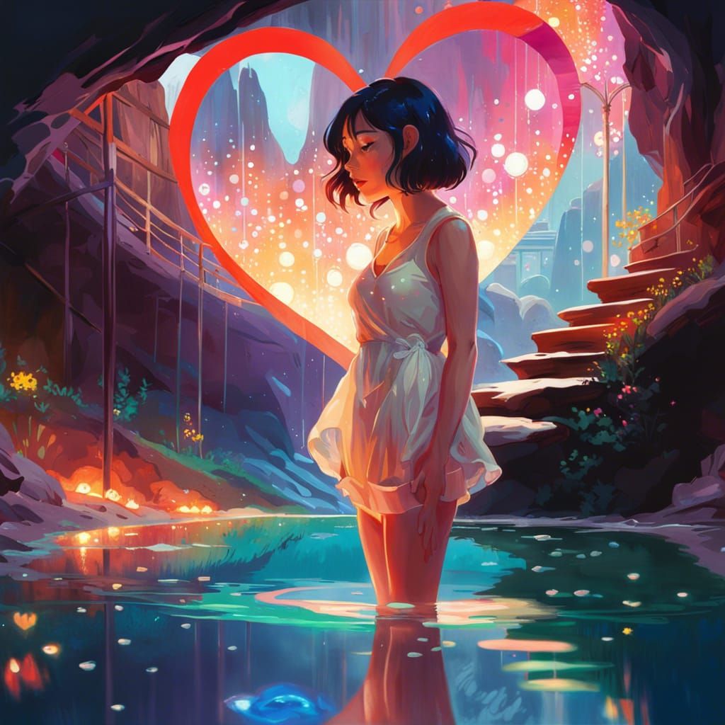 Fantasy Heart Bridge in Magical Cave, Digital Art