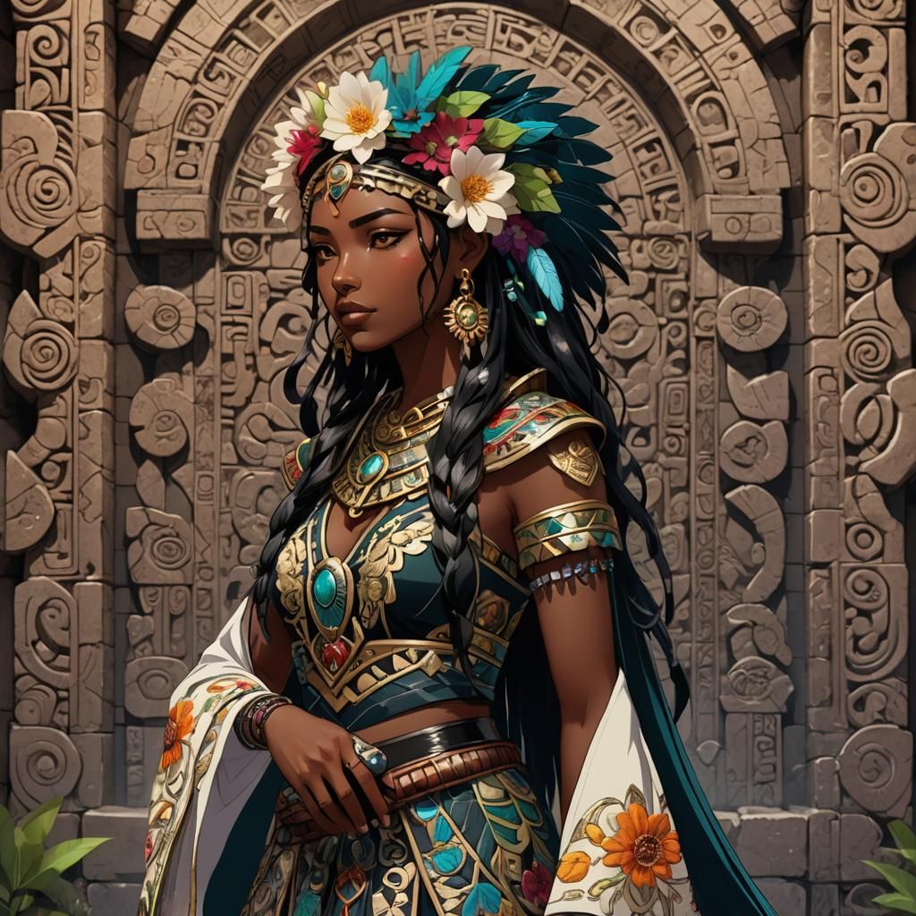 Anime Girl with Obsidian Sword in Mayan Style