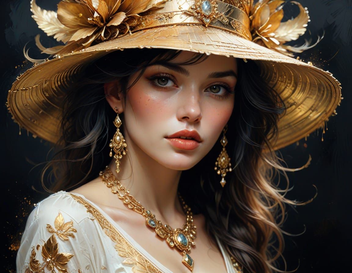 Woman with Hat and Gold Jewelry: Fine Art Portrait