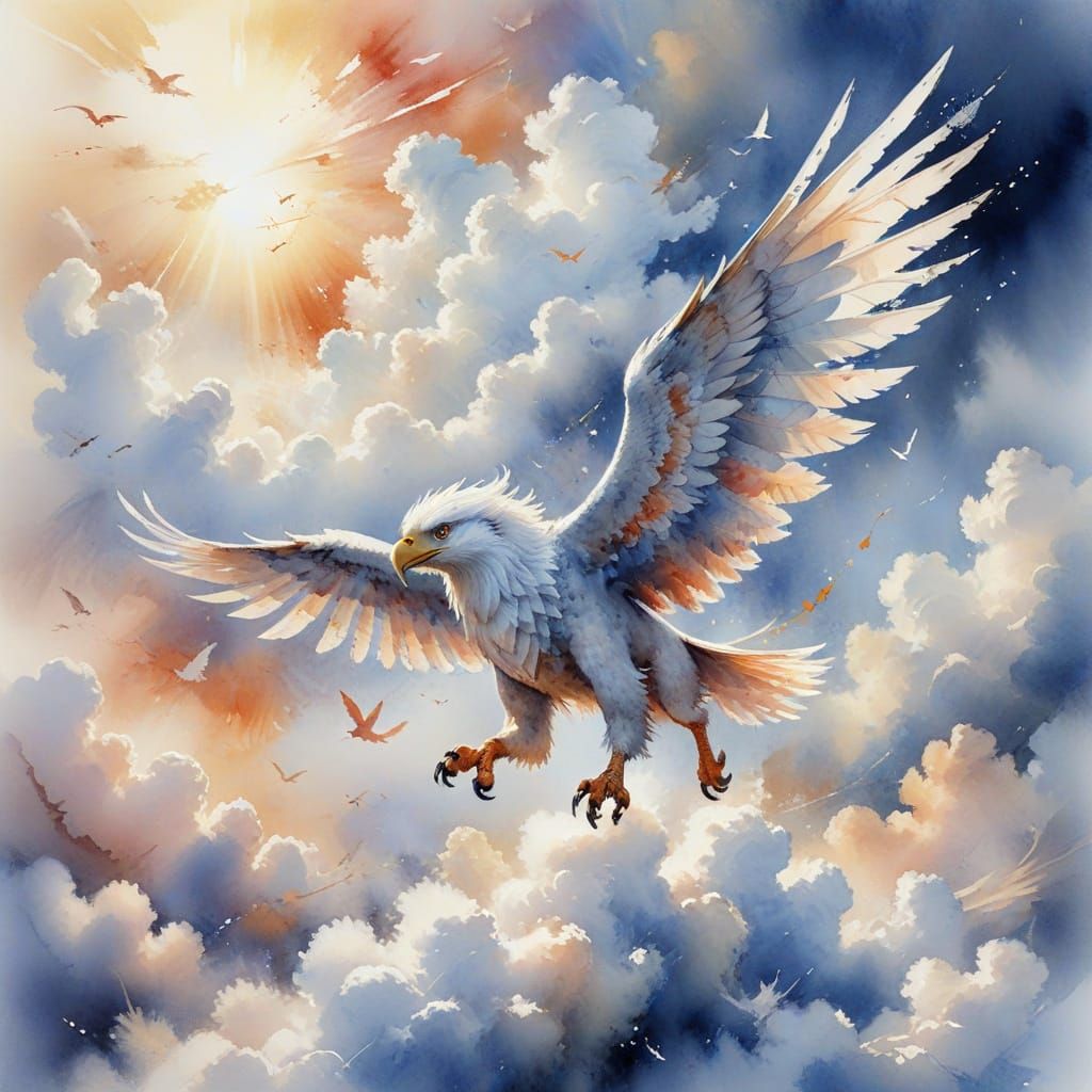 Majestic Griffin Soars Above Clouds in Watercolour Style