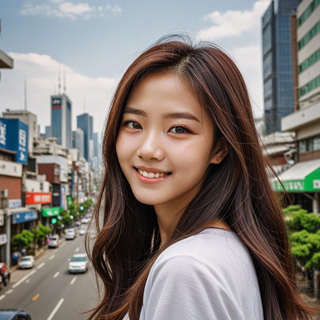 A Korean Woman in a Futuristic Cityscape with a Bright Smile