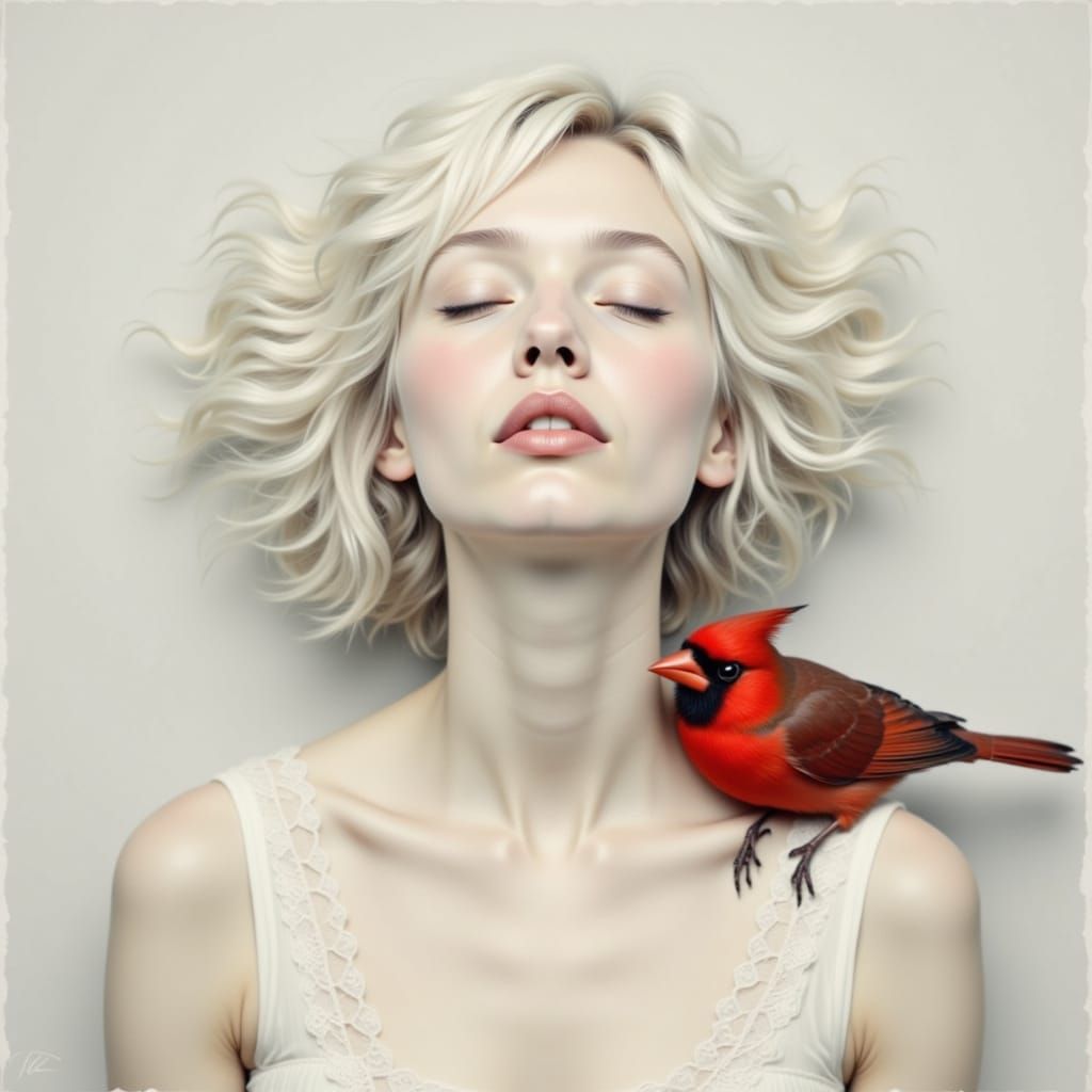 Ethereal Portrait of Woman with Cardinal, Minimalist Style