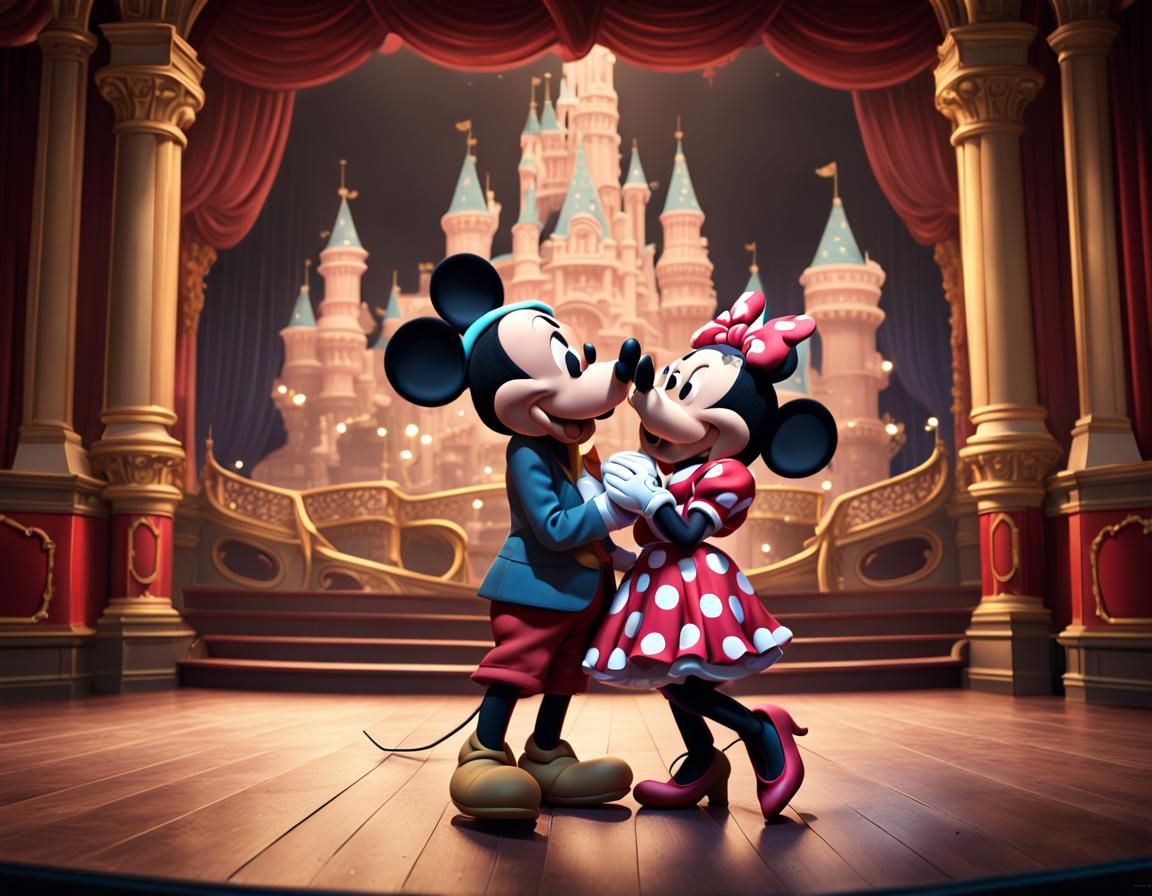 Mickey and Minnie Kiss in a Theater, Detailed Digital Painti...