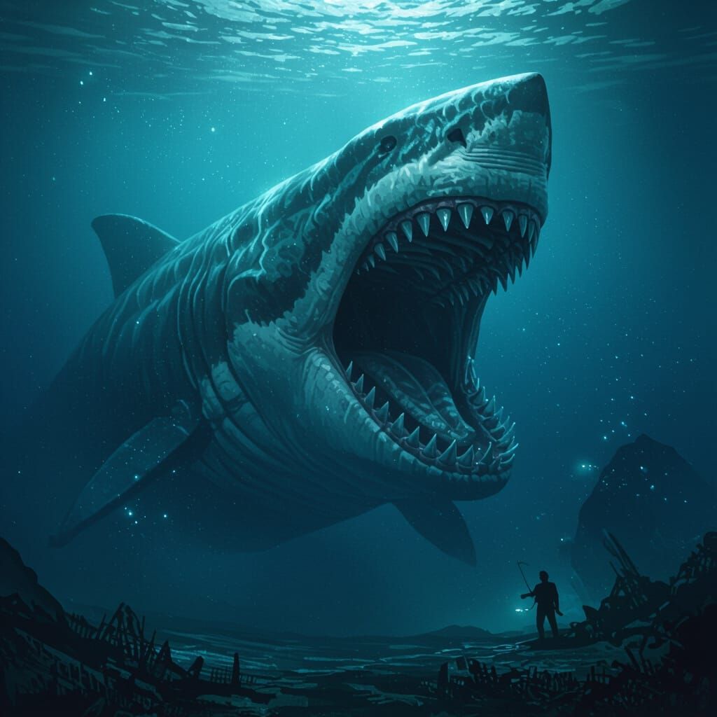 Colossal Megalodon Emerges From Gloomy Ocean Depths