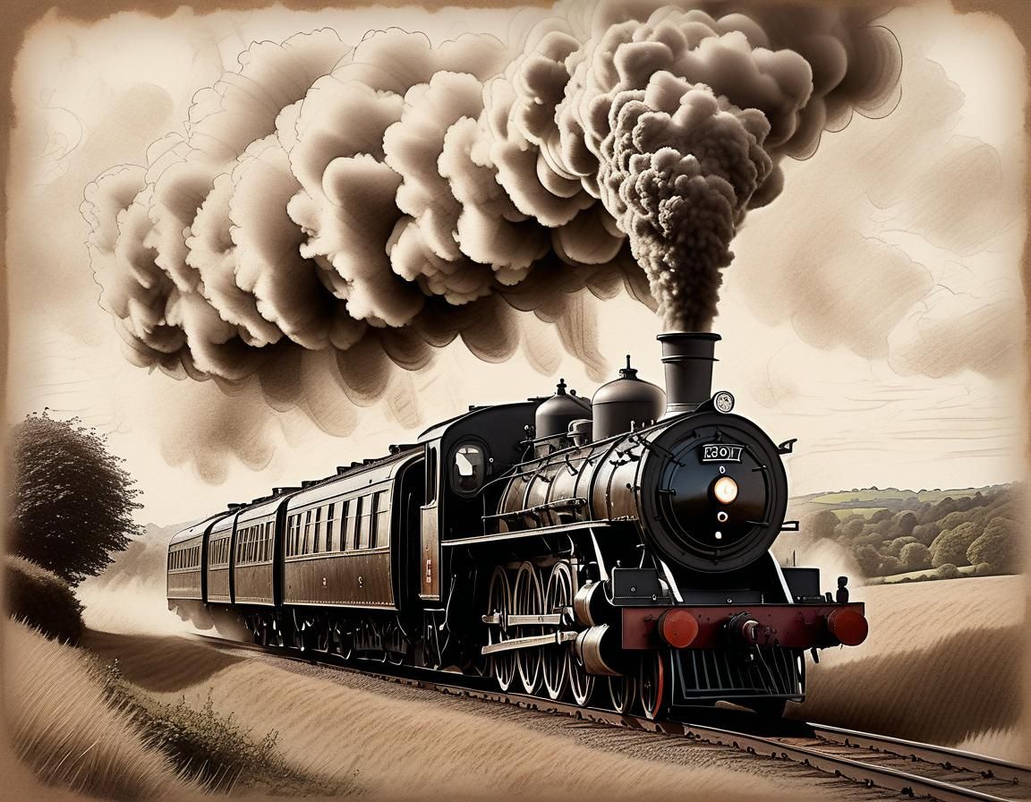 Victorian Steam Train in Graphite Drawing Style