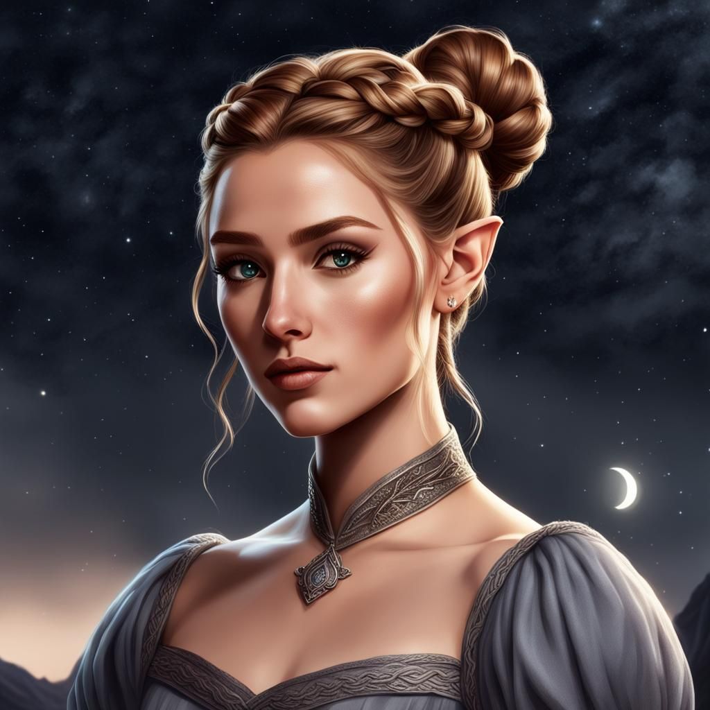 Fantasy Elf Woman with Braided Bun in Realistic Style