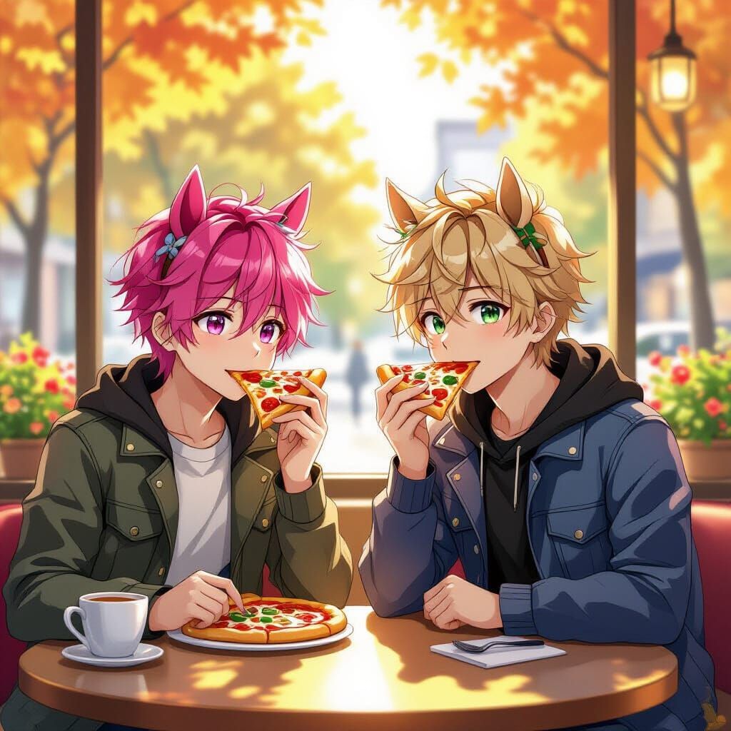 Anime Cafe Scene: Pink & Blond Haired Men with Horse Ears En...