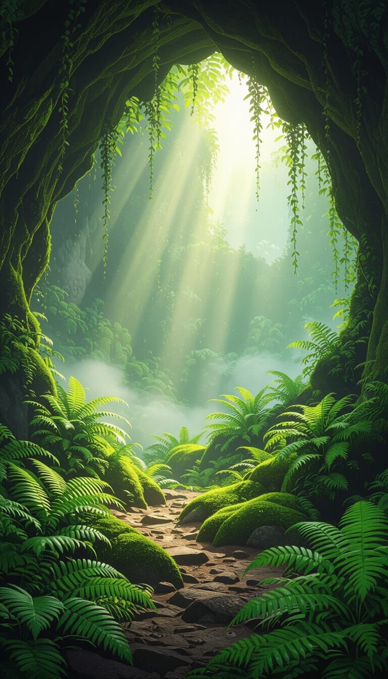 Lush Green Cave with Sunlight in Painterly Style
