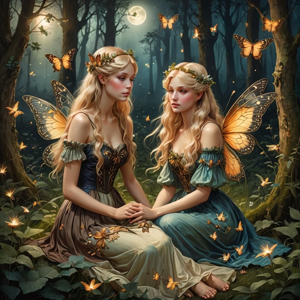 Fairies with Butterfly Wings in Moonlight