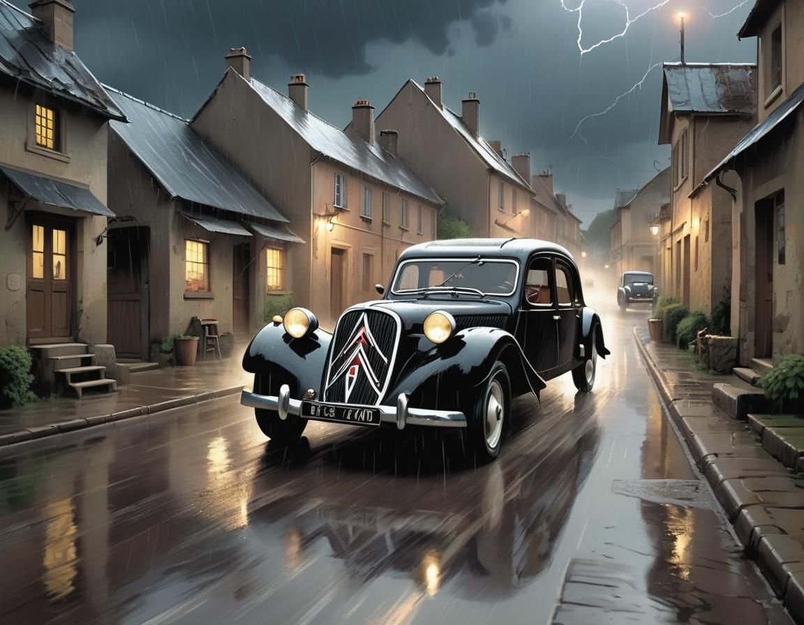 Citroen Traction Avant in Retro Village, Comic Style