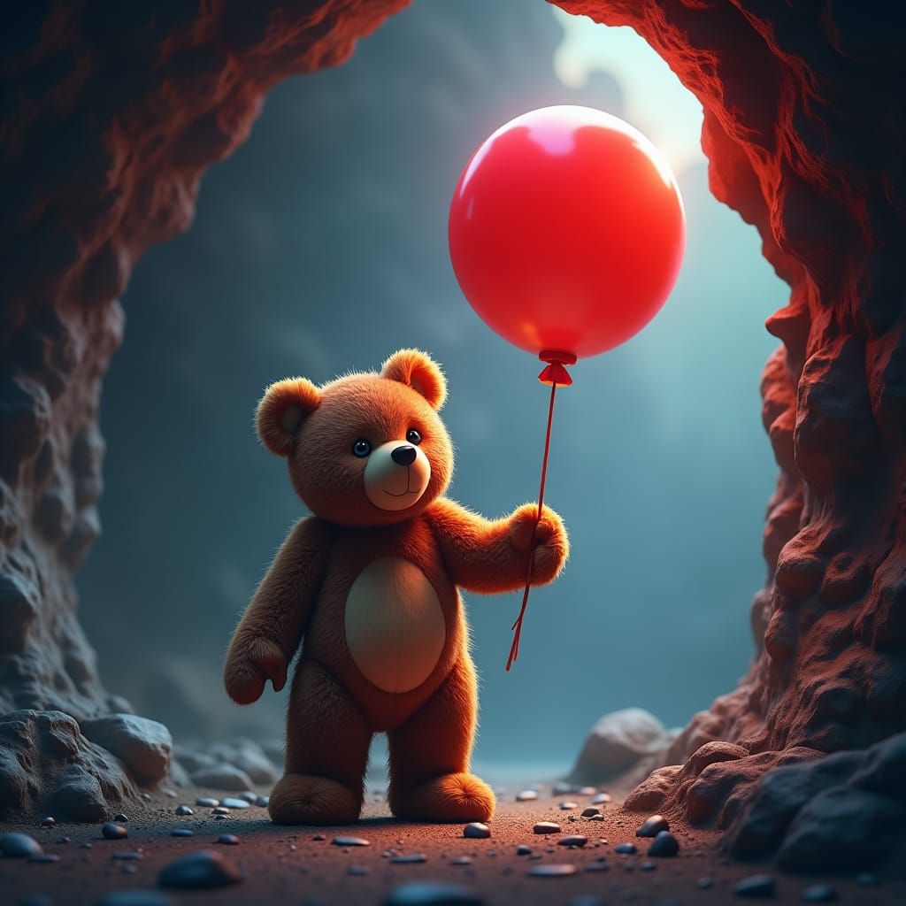 Teddy bear holding a red balloon in a cave