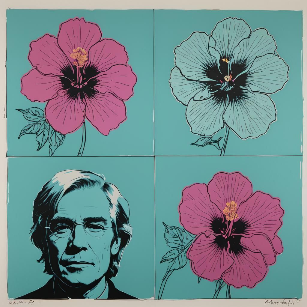 Self-Portrait: Andy Warhol, Glowing Lines, Gouache, Hibiscus...