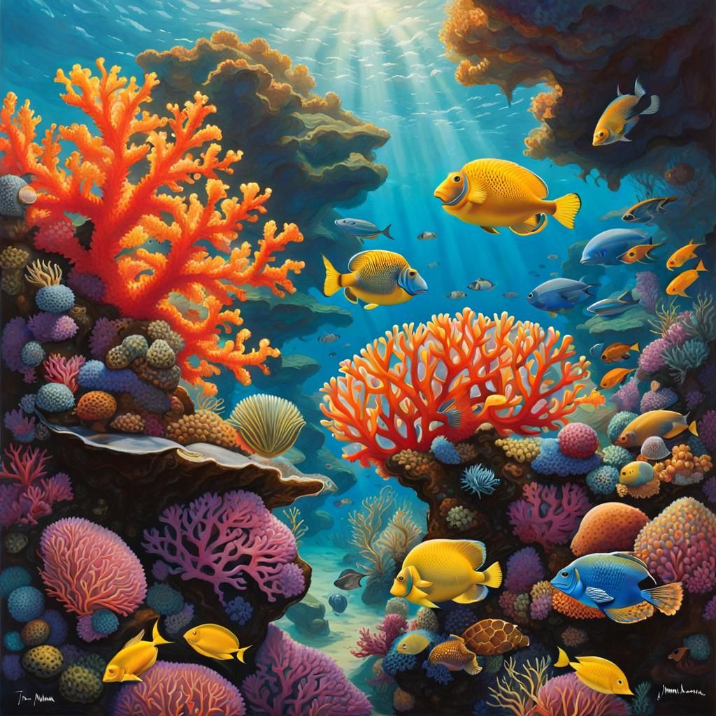 Vibrant Coral Reef in Modern Ink Painting Style