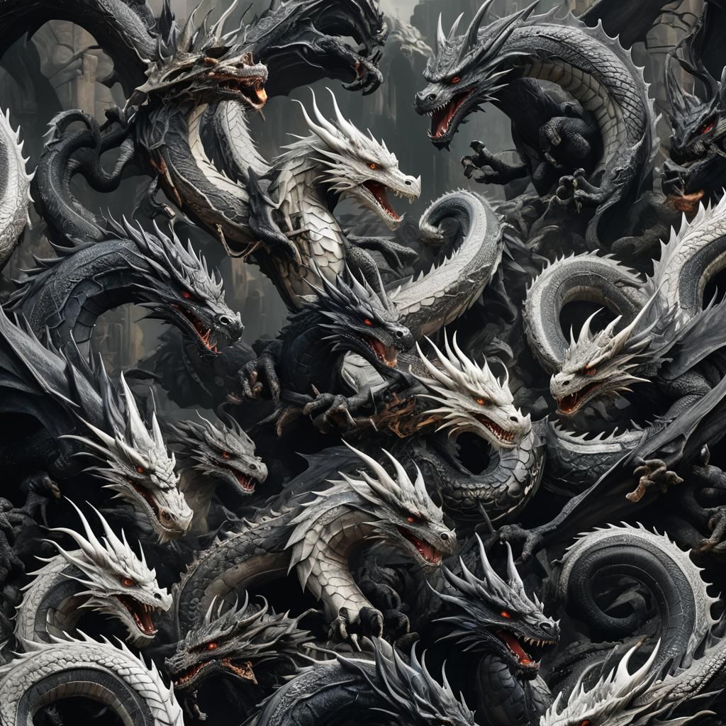 Detailed Black and White Dragons in Matte Painting Style