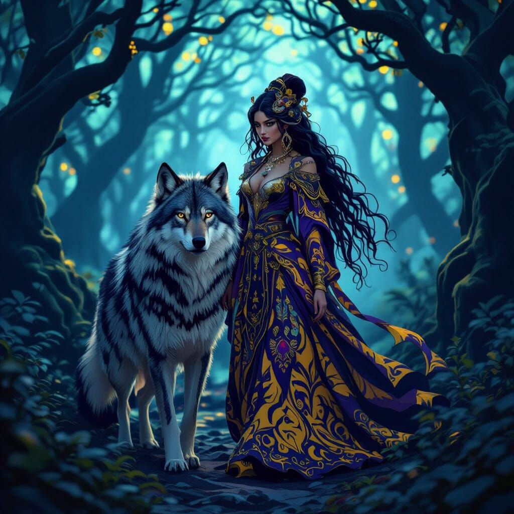Woman and Wolf in Mystical Forest, Art Nouveau Style