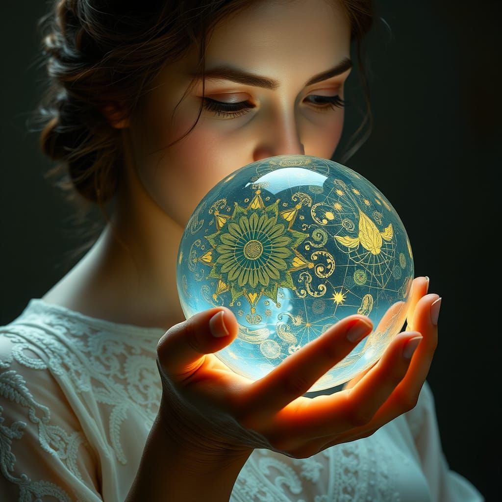Hyperrealistic Woman Holding a Glowing Orb in Intricate Deta...